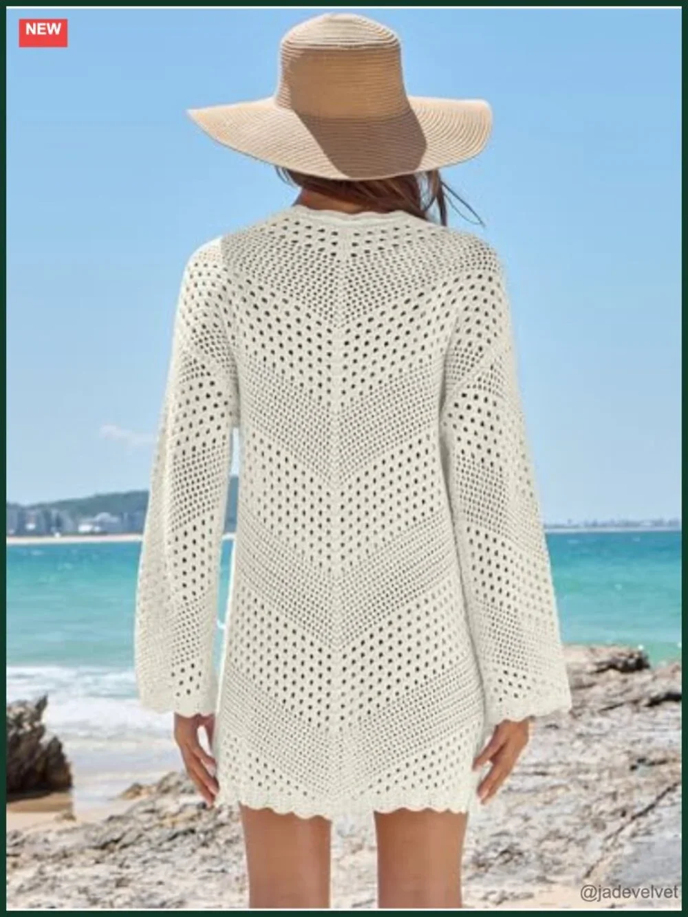 Crochet Mesh Knit Long Sleeve V-Neck Mini Dress Cover Up for Beach